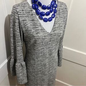 Banana Republic Tweed Deep V Neck Bell Sleeve Fully Lined Shift Dress Women's M